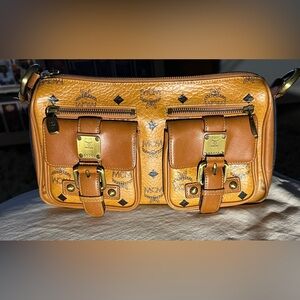 MCM Cognac Visetos Pocket Satchel Brown Handbags and Purses Leather Shoulder Bag